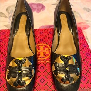 Tory Burch Black Leather Heels with Gold Medallion